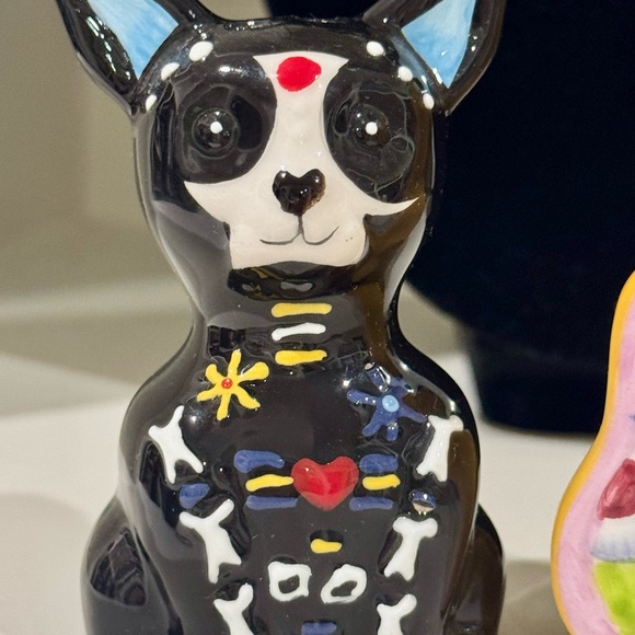 Day of The Dead Guitar Dog  Salt Pepper Shaker Set Ceramic 3.25”Glazed Colorful - Picture 2 of 9